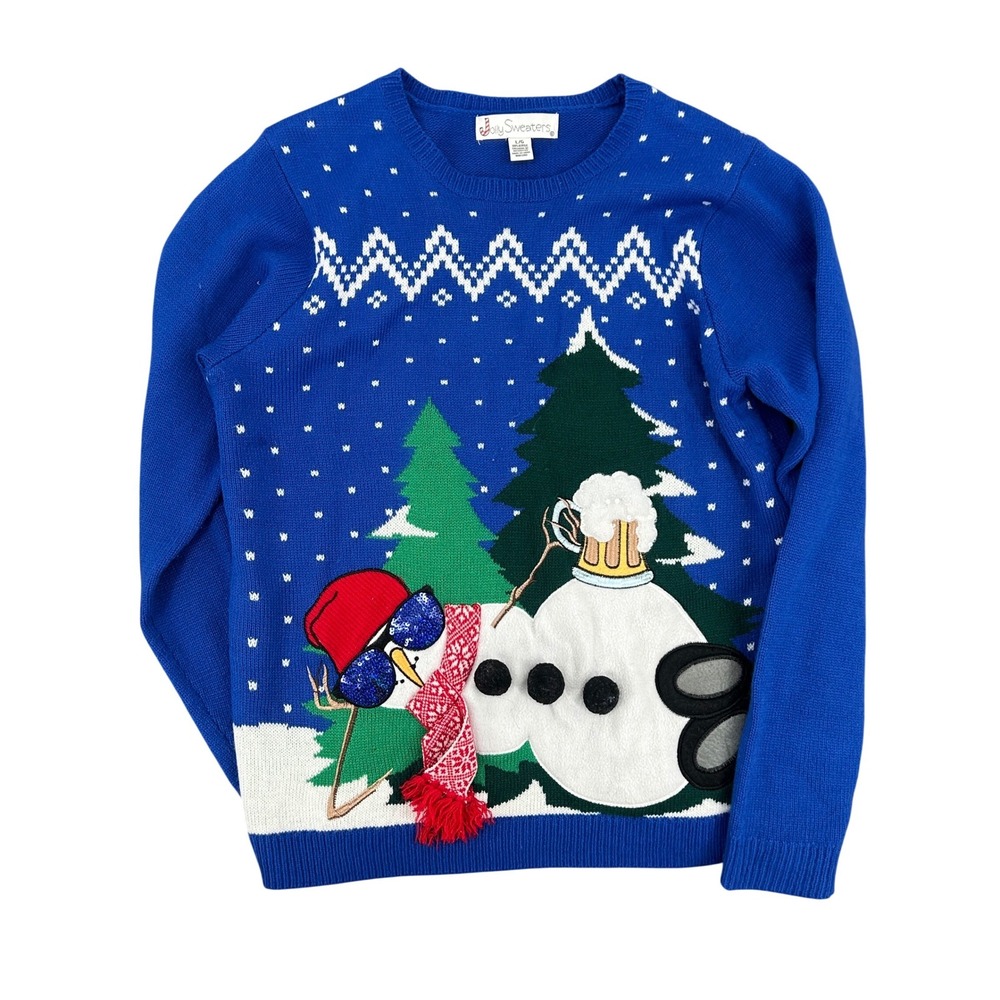 Jolly Sweaters‎ Ugly Christmas Sweater Snowman Beer Blue Mens Large